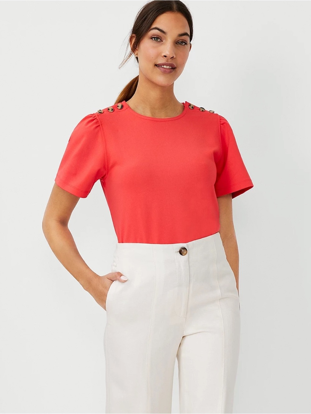 Ann Taylor Ponte Shoulder Button Top Short Sleeve Shirt in Hibiscus Size Medium
